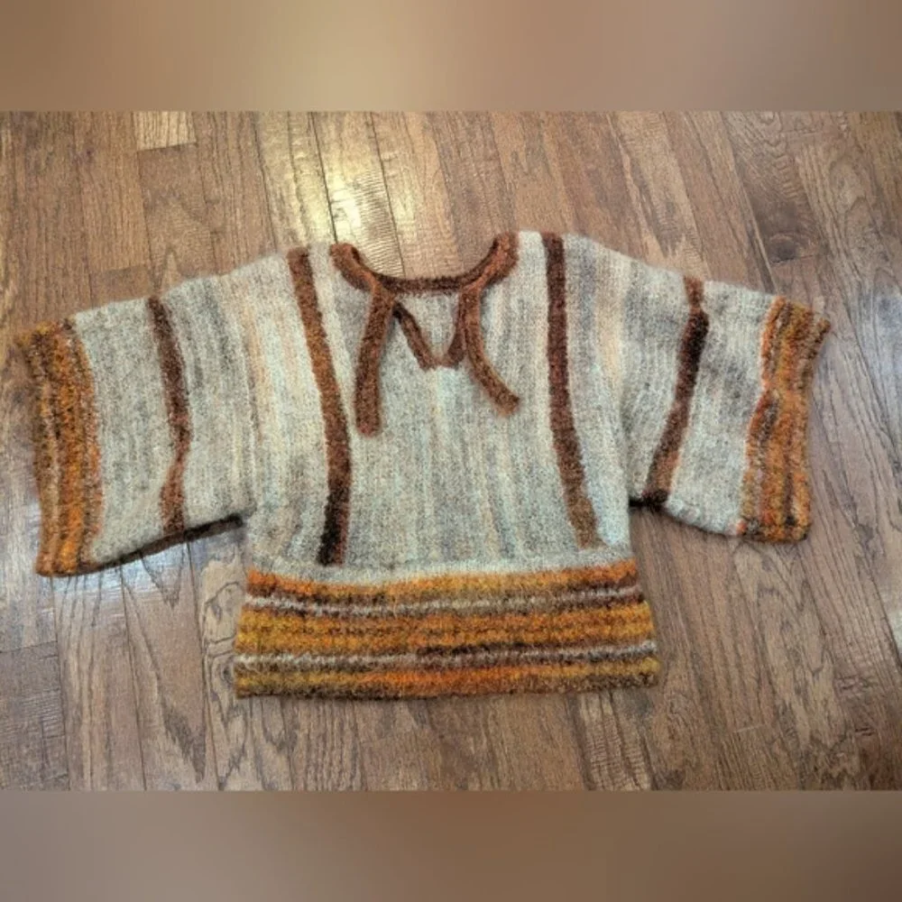 Vintage boho knit mohair Silk wool blend striped sweater kimono arm style Sz L